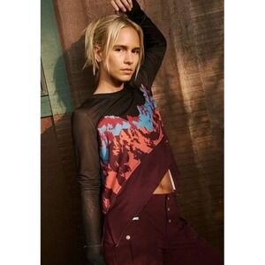 Free People Movement Tempo Tee Size S Mountain Graphic Crop Raw Edge Workout Top